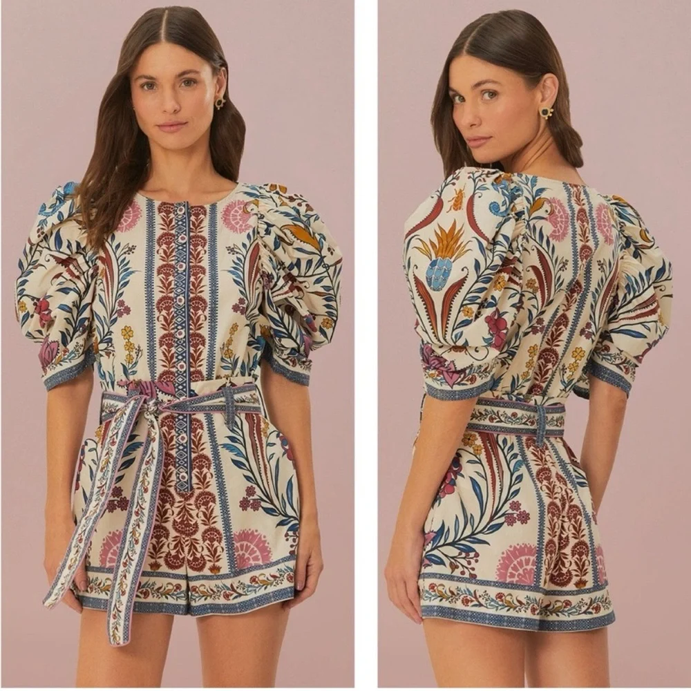 NWT FARM Rio Romantic Lightness Puff Short Sleeve Romper in Blue Pattern Size S - Picture 5 of 16